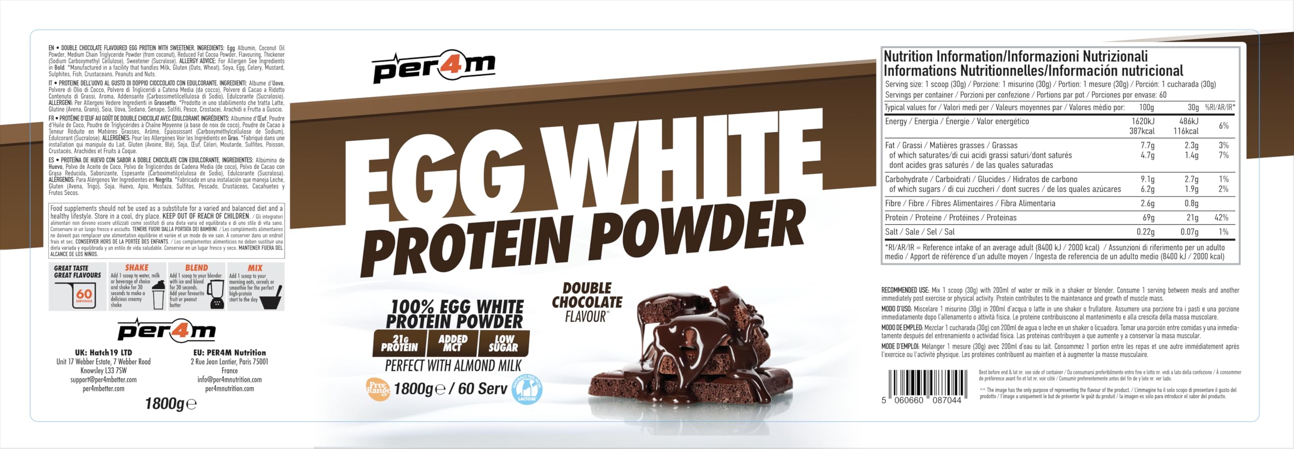 Per4m Egg White Protein Powder (1800g) Chocolate doble Proteínas