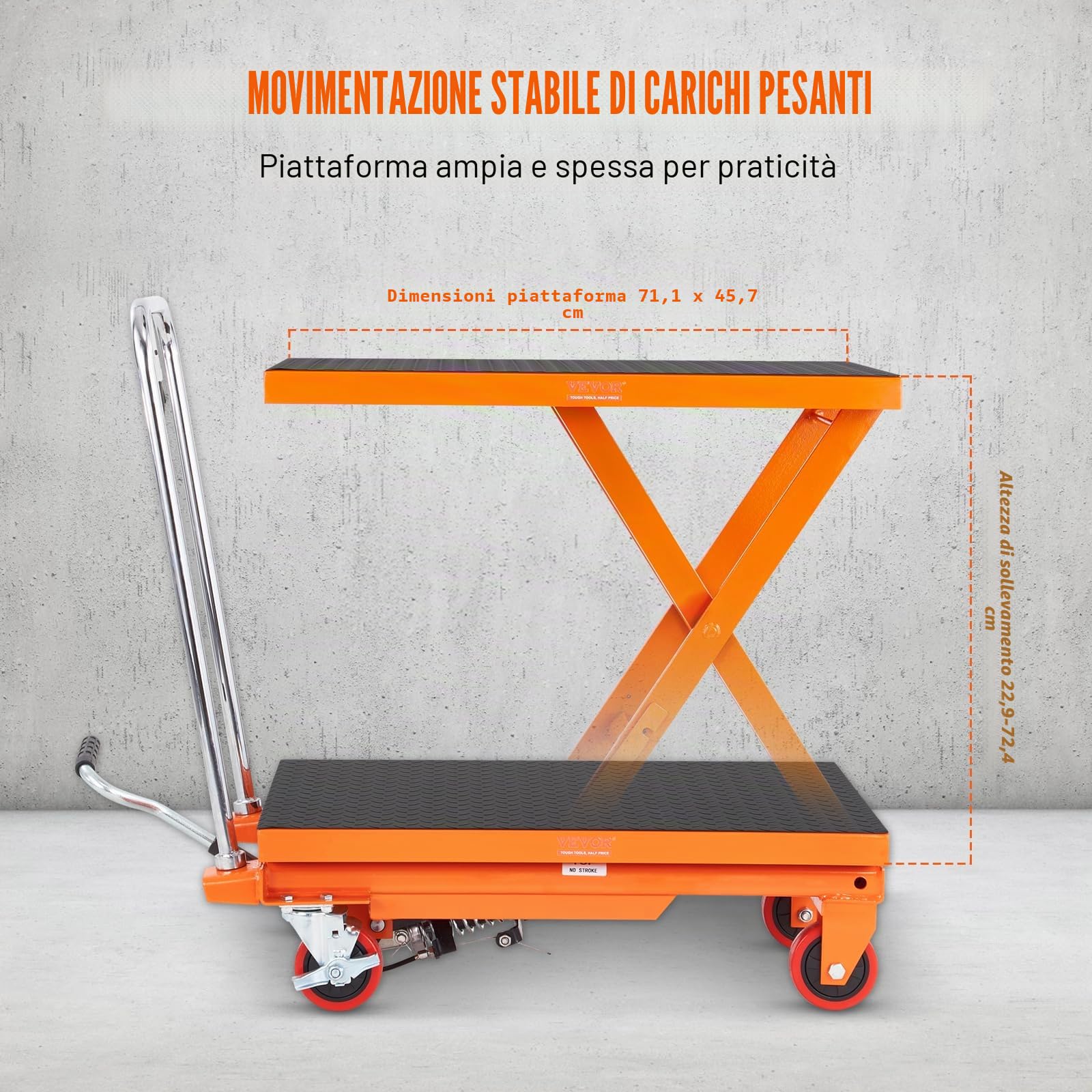 VEVOR Carrello Elevatore Idraulico, Capacità 230kg, Altezza di Sollevamento 220-720 mm, Piattaforma Elevatore Manuale a Forbice Singola con 4 Ruote Cuscinetto Antiscivolo, Carrello Idraulico a Forbice