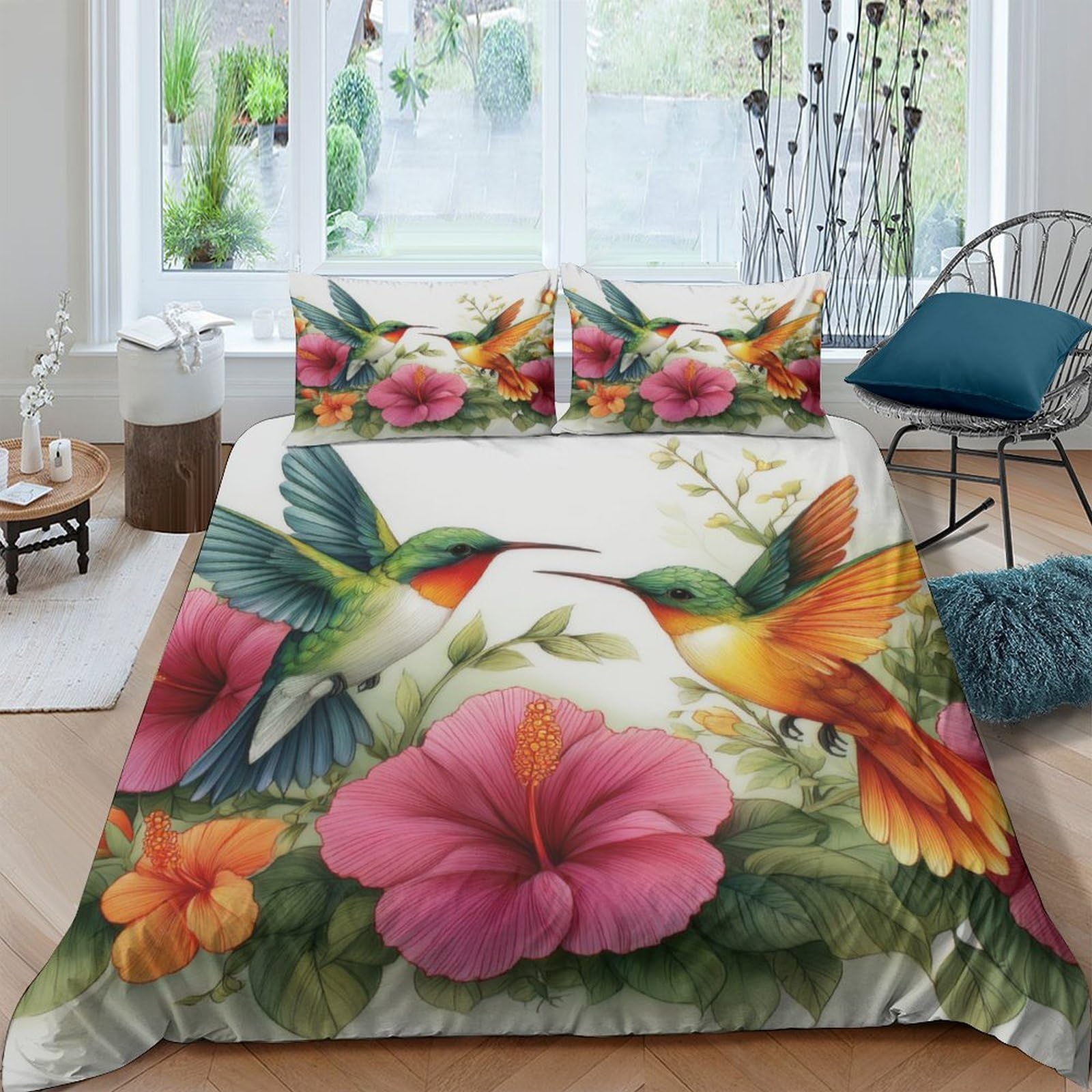 Ctjqhvkz Style-9 3D Printed Hummingbird Flower Fitted Sheet Microfiber Vibrant Floral Bed Cover Non-Slip Bedroom Mattress Protector Single（135X200cm）