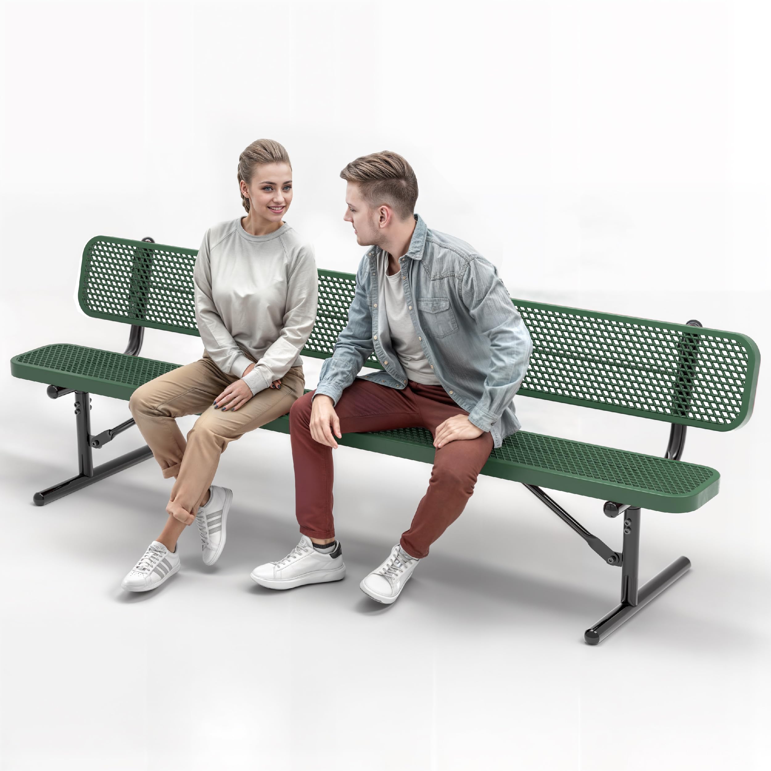 OUTTANS Heavy-Duty Outdoor Metal Bench (8 Ft - Portable with Back, Green) | Thermoplastic-Coated, Weatherproof, Adjustable Seat Height,