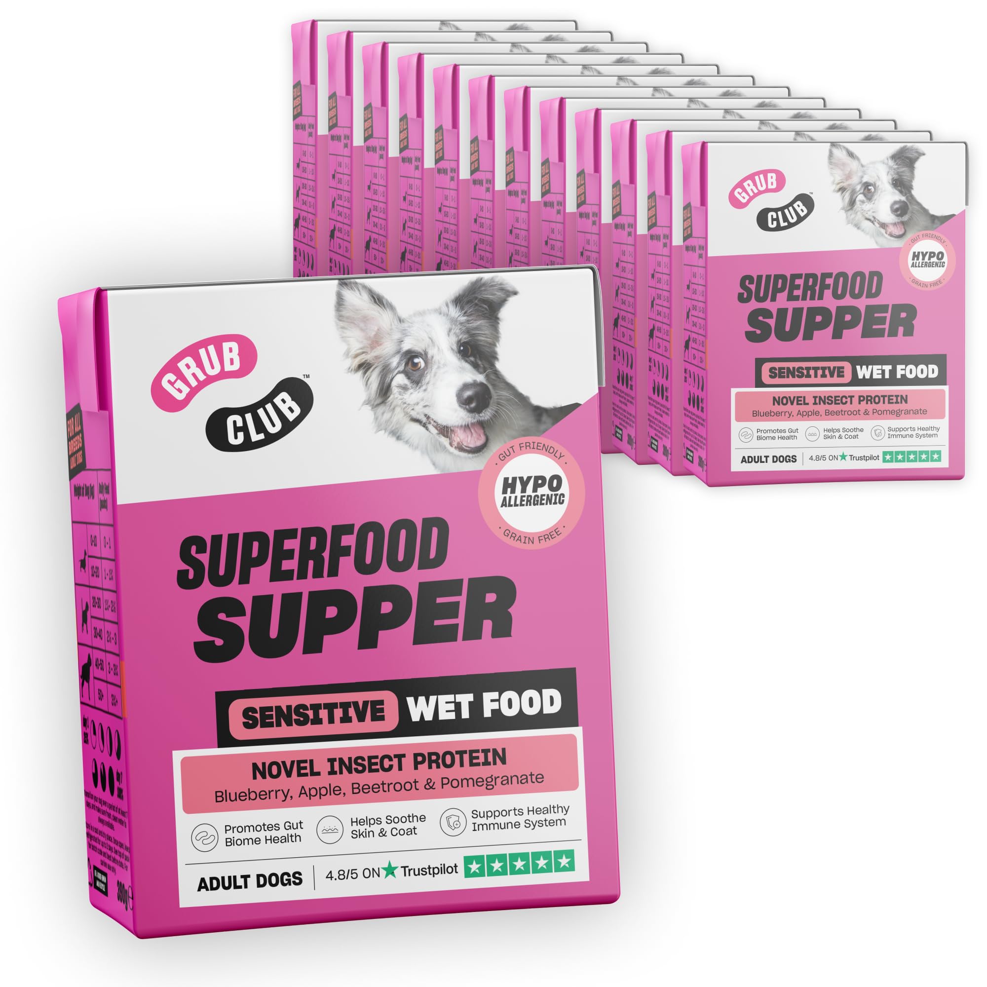 GRUB CLUB Superfood Supper Wet Dog Food for Adult Dogs | Insect Protein Recipe with Blueberry, Apple & Beetroot | Hypoallergenic, Grain-Free & Gut-Friendly Prebiotics | 390g Carton (12 Pack)