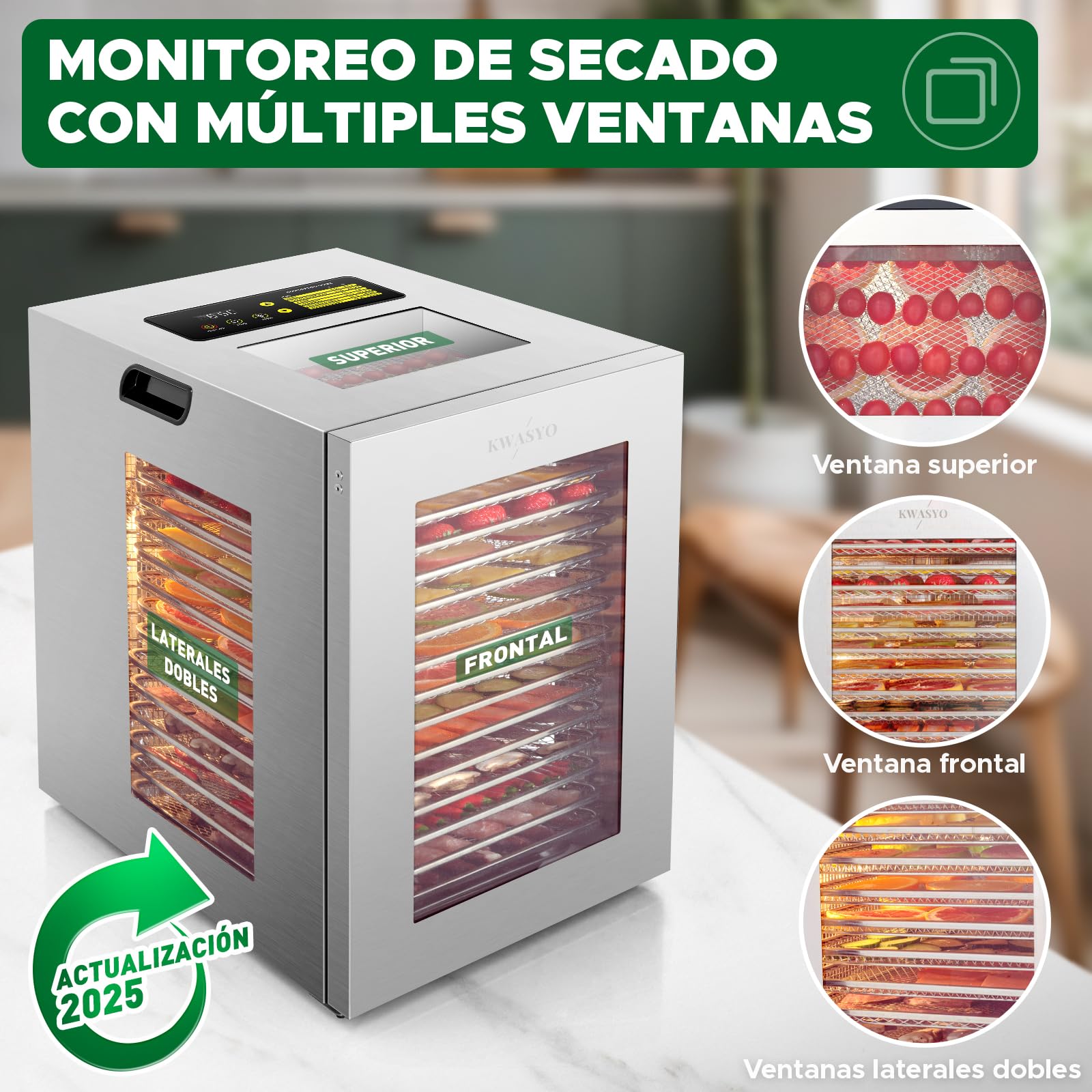 Kwasyo Deshidratador Alimentos 15 Bandejas Inox, 1200W Doble Ventilador, para Carne, Fruta, Snacks Perros, Hierbas, Temp. Ajustable 90°C, Temporizador 24H, Ventanas Múltiples, Secado Potente