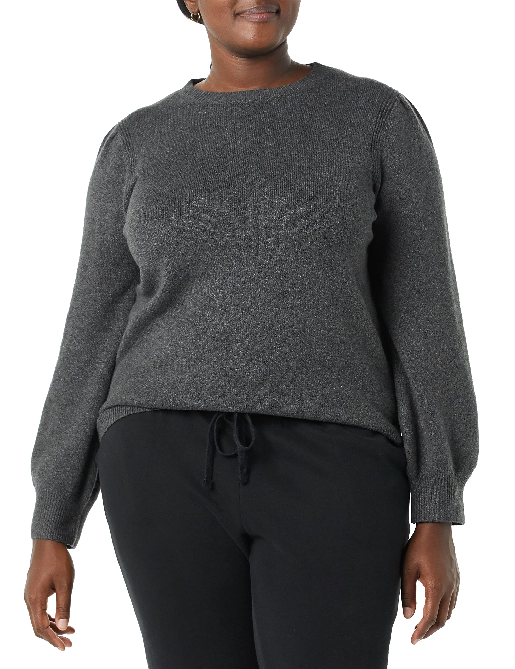 Amazon Essentials Women's Relaxed-Fit Soft Touch Long Sleeve Pleated Shoulder Crewneck Sweater, Charcoal Heather, Medium