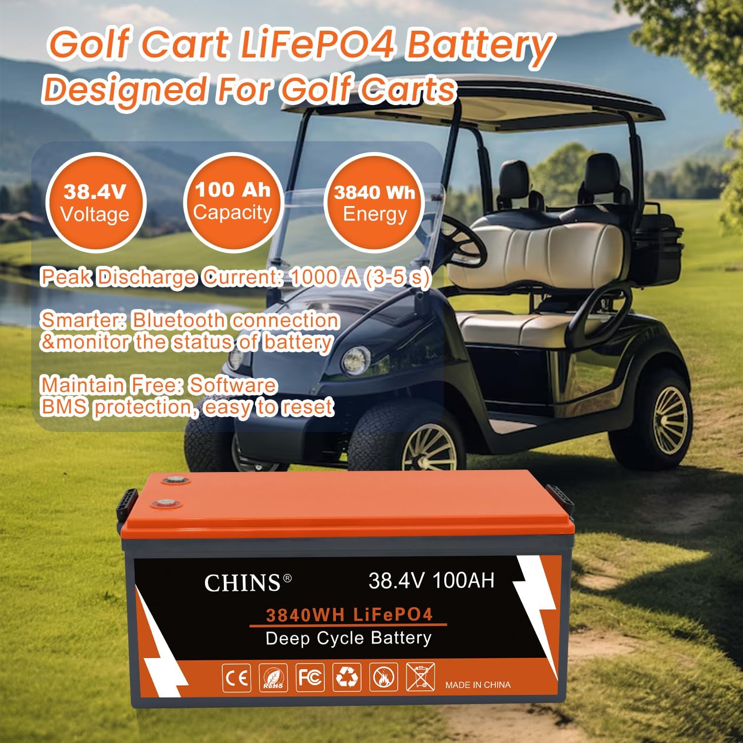 CHINS 36V 100Ah Lithium Golf Cart Battery, Includes Monitor, Built-in Bluetooth 200A BMS, 4000+ Cycles, 36 Volt Lithium Battery for Golf Cart
