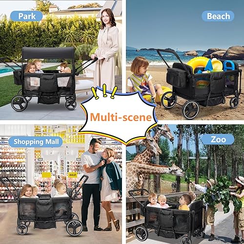 Miniatura 8 de Cochecito para 2, 3, 4, niños, 4 plazas, todo terreno, vagón de bebé, plegable, ligero, con arnés de 5 puntos, toldo, bandeja de aperitivos para
