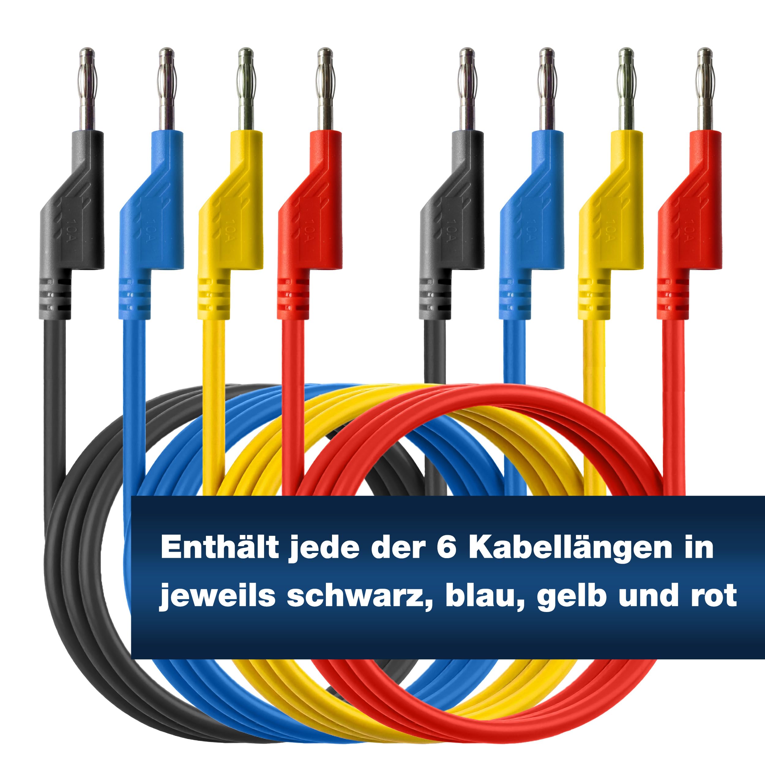 PeakTech P 8202, 24 Stück Messleitungen Set, 25cm - 200cm, Multimeter Test Kabel, Laborleitungen, Messkabel mit 4mm Bananenstecker, stapelbar, in 4 Farben je 25cm, 50cm, 75cm, 100cm, 150cm & 200cm