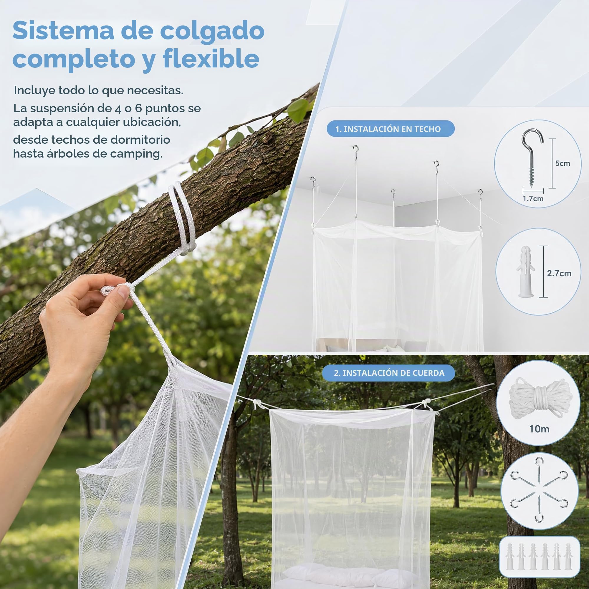 BUZIFU Mosquitera para Cama Individual Cuadrada Malla Fina con Ganchos Cuerda Bolsa de Almacenamiento, para Proteger Tu Familia y Tu de Indeseables Mosquitos y Otros Insectos(100 X190X 200cm)