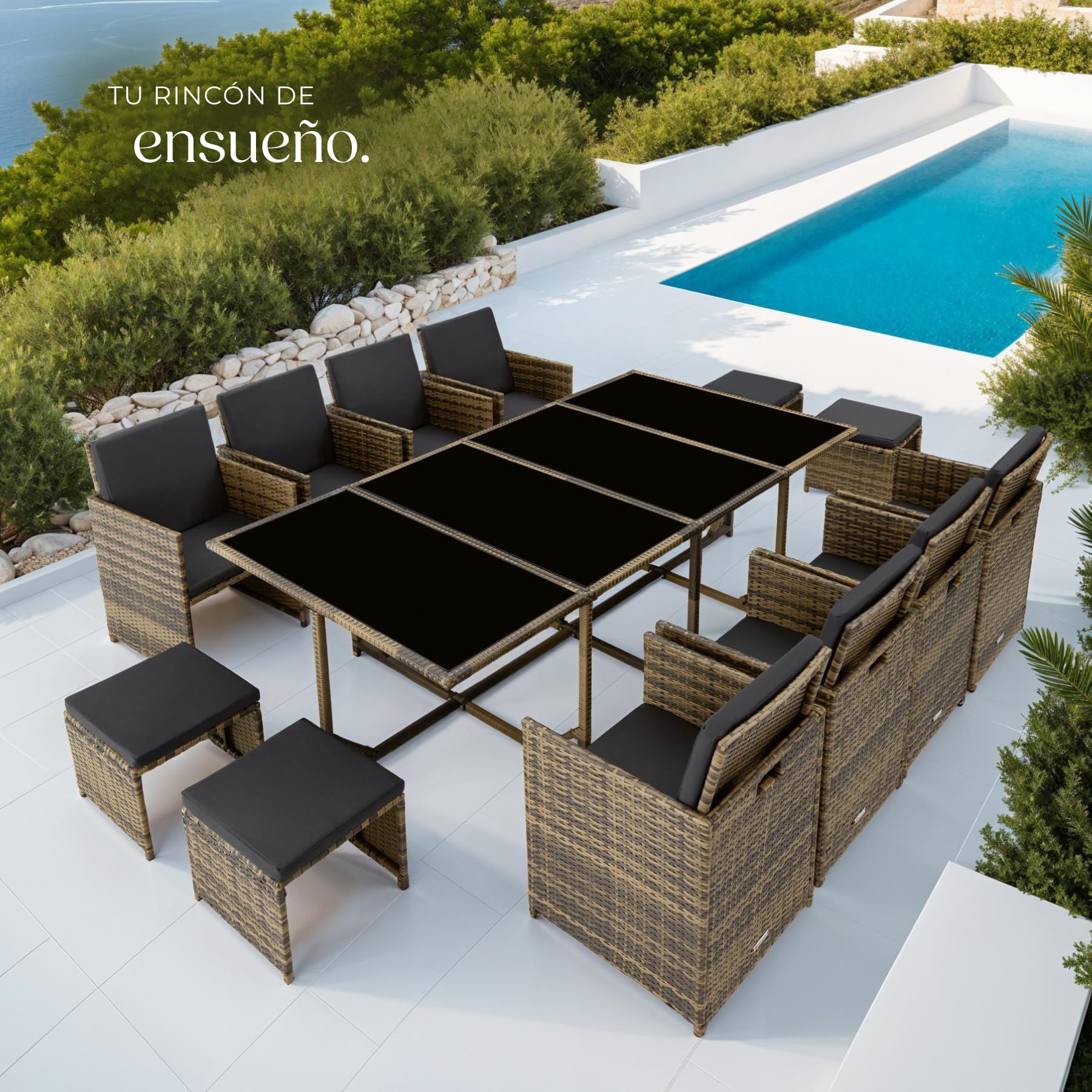 tectake® Juego de Muebles de Jardín en Ratán, Conjunto Comedor para Jardín Exterior, 8 Sillas, 4 Taburetes, 1 Mesa, Set de Muebles de Mimbre para Terraza o Patio, con Cojines y Fundas- Natural