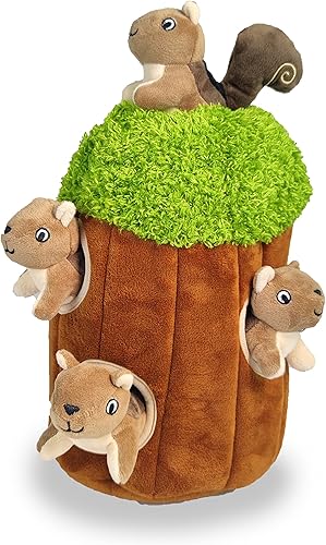 Glow Pups Hide and Seek - Juguete para perros de tamaño pequeño y mediano, juguete interactivo de felpa con chirriador (árbol con ardillas, mediano)
