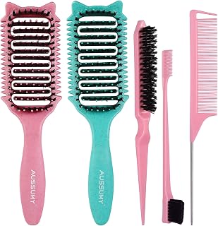 Aussumy 2 Pack Boar Bristle Detangling Brush for Curly Hair - Vented Curl Definer with 3 Bonus Styling Tools, Wet Dry Anti-Frizz for Waves Coils Women Men Kids