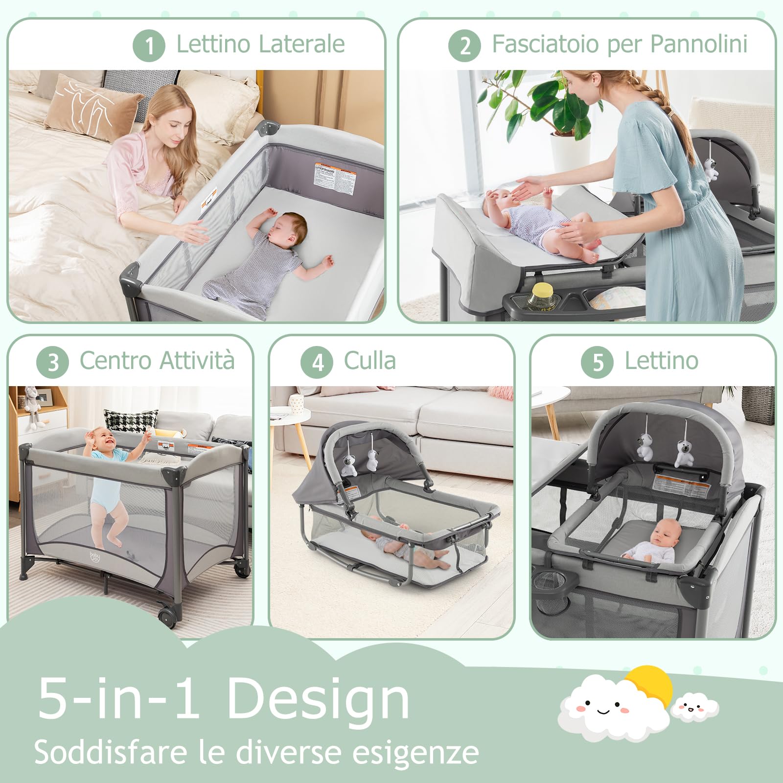RELAX4LIFE 5-in-1 Lettino da Campeggio per Bambini, Culla Neonato Fianco Letto, Lettino Neonato con Materasso, Ruote Bloccabili e Borsa per il Trasporto, per Bambini 0-36 Mesi (Grigio)