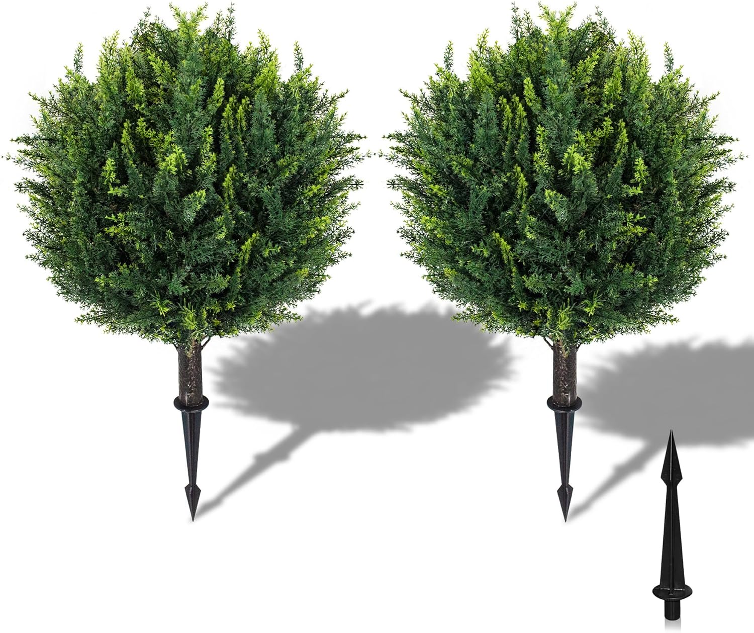 25.2" Artificial Cedar Topiary Outdoor Faux Plants with Ground Spikes, 2 Pack UV Resistant Evergreen Fake Plant, Realistic Artificial Cedar Ball Greenery, Fake Bushes for Front Porch Décor