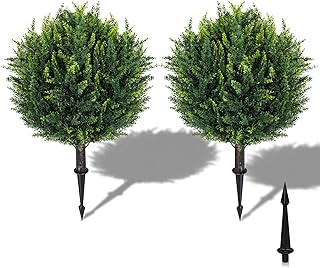 25.2" Artificial Cedar Topiary Outdoor Faux Plants with Ground Spikes, 2 Pack UV Resistant Evergr...