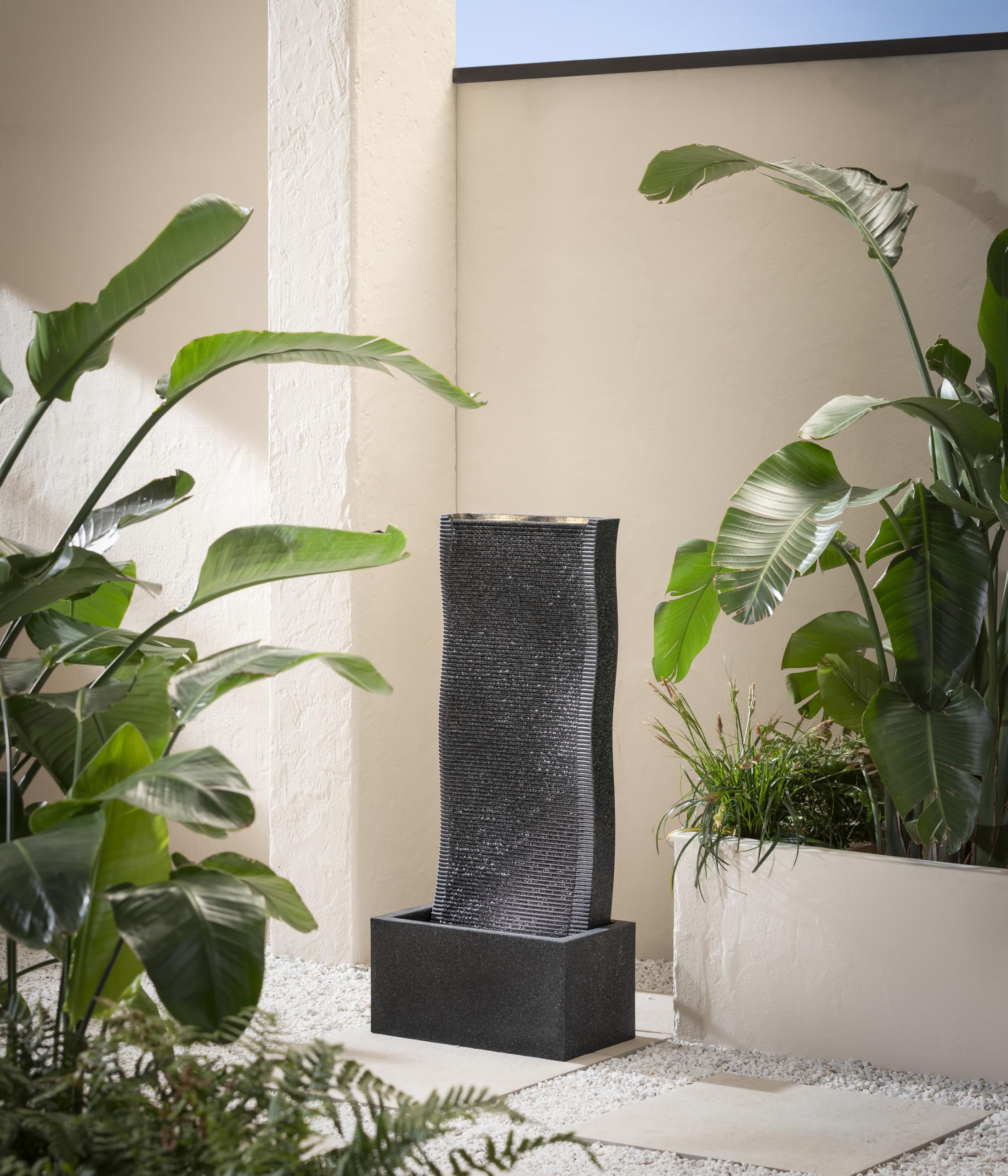 Dehner Gartenbrunnen Altero, schwarz, 49 x 107 x 26.5 cm | mit LED Beleuchtung, frostbeständig, solarfähiger Brunnen für Außen, Polyethylen