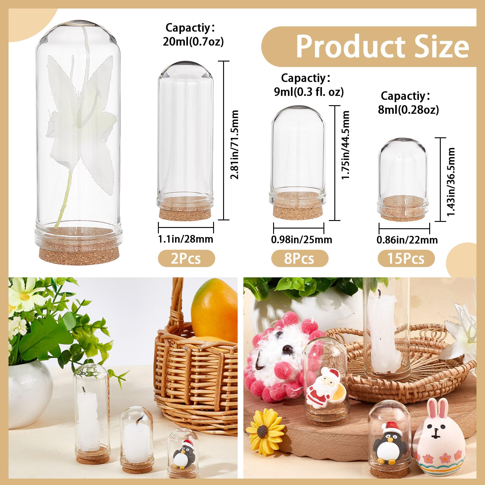 CRASPIRE 25Pcs Glass Cloche Dome 3 Size Mini Display Bell Jar with Cork Base Stand Cover DIY Decorative Vial Terrarium Cabochons Bottles Container Wooden for Christams Figurine Flower Cover DIY Craft