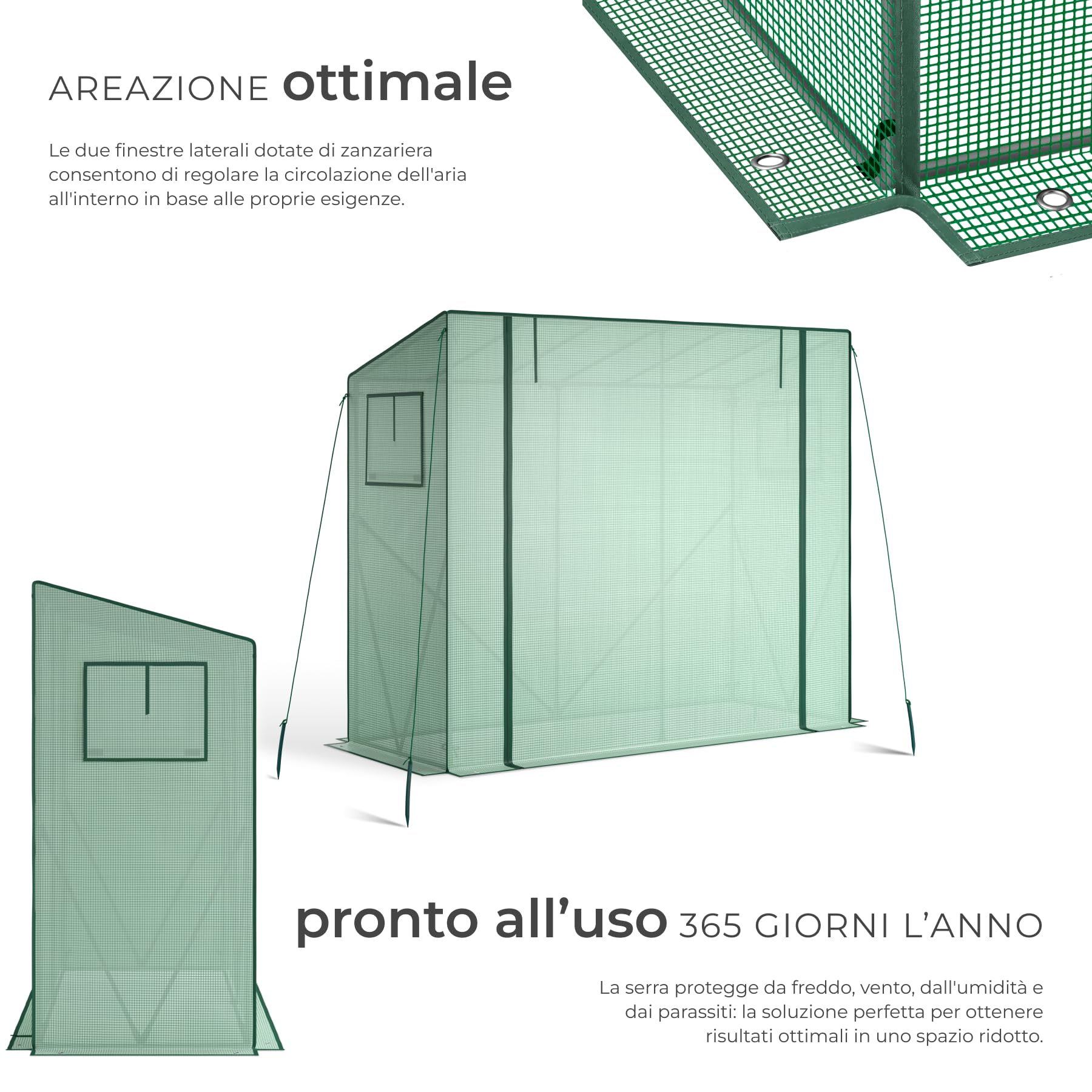 tectake® Serra da Giardino 200x77x170 cm, Copertura Retinata, Telaio in Acciaio, Resistente Intemperie e UV, 2 Finestre Laterali, Porta Avvolgibile, Serra per Orto, Giardinaggio, Piante - Verde