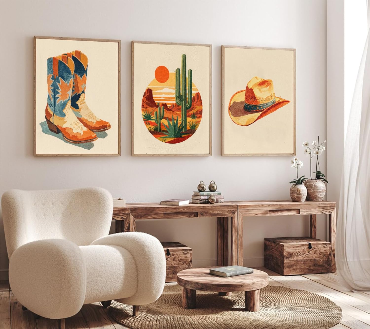 3Pcs Western Cowboy Canvas Wall Art Vintage Country Style Posters Artwork Rustic Cowboy Hat Cactus Boots Painting Pictures Wall Decor for Bedroom Living Room Bar Dorm Home Decoration 16x24in Unframed