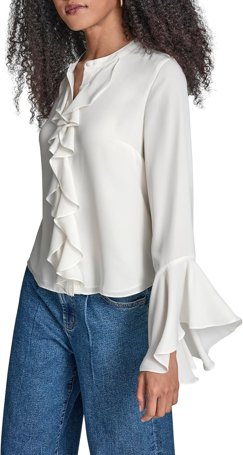 BCBG Womens Bell Sleeve Ruffle Front Boho Blouse - Image 4