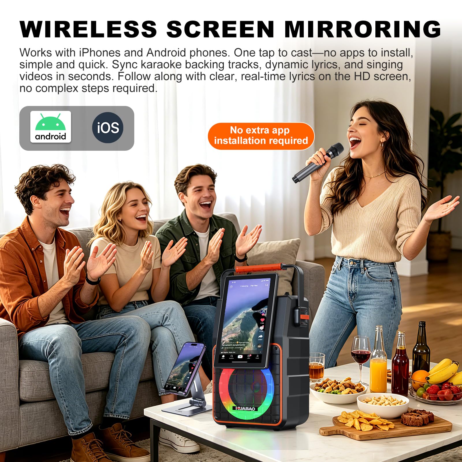 Máquina de karaoke con pantalla HD de 10.1 pulgadas, 2 micrófonos inalámbricos