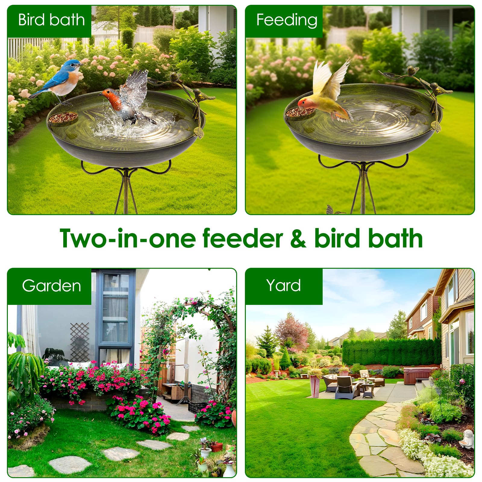 Vogeltränke Stehend 102x31cm Vogelbad Groß Retro mit 5-Krallen-Basis Kleine Schale Wassertränke für Vögel Rostschutz Kippschutz für Terrassen Rasenflächen Gartenoberflächen (Olivgrün)