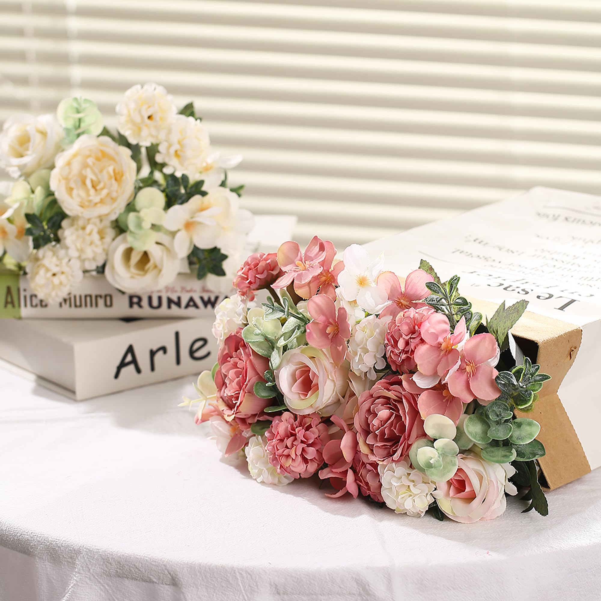 HNVNER 2 Ramo de Flores Artificiales Decoracion, Flor Falsa Peonía Seda Artificial Rosas Hydrangea Flower para Bodas, Hogar, Hotel, Decoración de Fiestas, Centros de Mesa (Rosa)