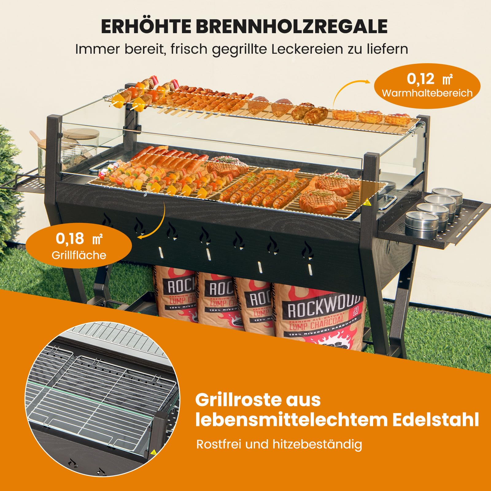 COSTWAY Grill na węgiel drzewny z ochroną przed wiatrem, regały na przyprawy i półka, grill kempingowy, powierzchnia grillowania ze stali nierdzewnej, grill z rękawiczkami do gotowania, na kemping