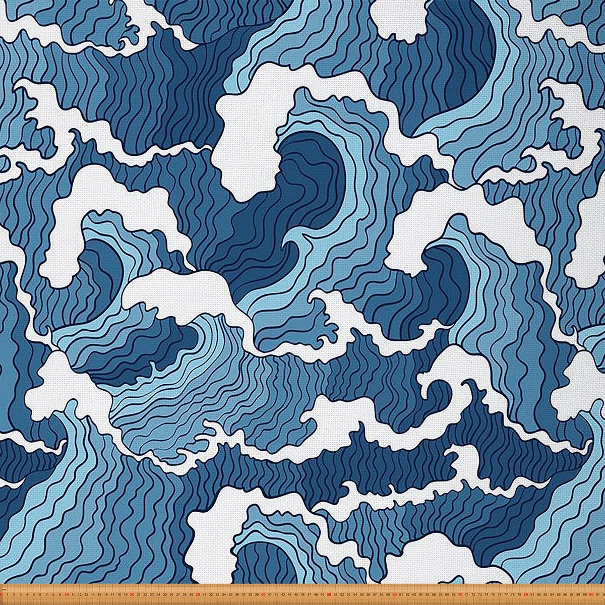 Japanischer Wellenstoff Meterware Retro Möbelstoff Meeresbrandung Dekorativer Stoff für Polsterung und Akzente Zu Hause Wasserdichtes Heimwerken Blau 276 x 150 (HxB)