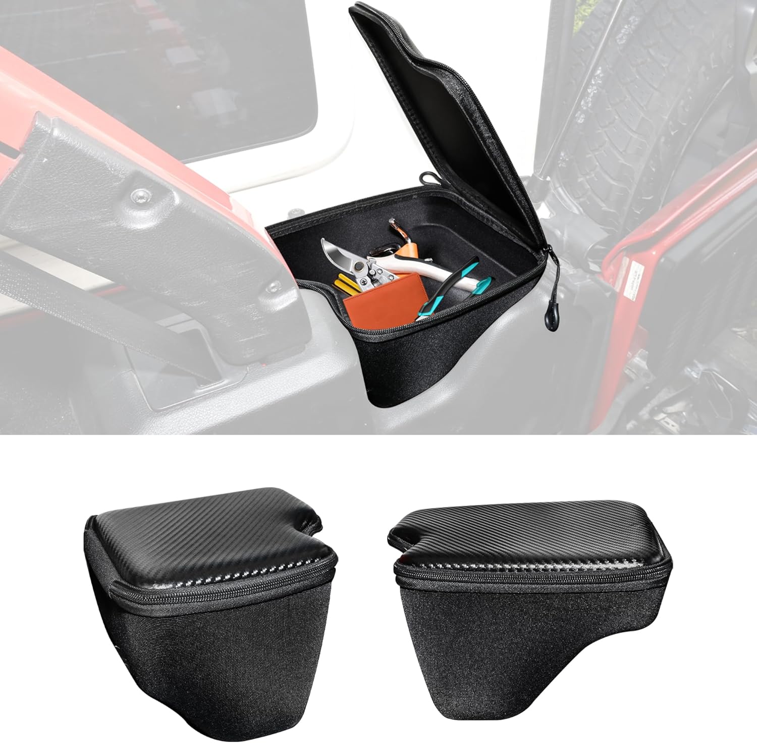 Wheel Well Storage Bags with Zipper & Lid Compatible with 2018-2023 Jeep Wrangler JL JLU 4-Door, 2-Pack Heavy-Duty Rear Trunk Organizer, Black Carbon Fiber