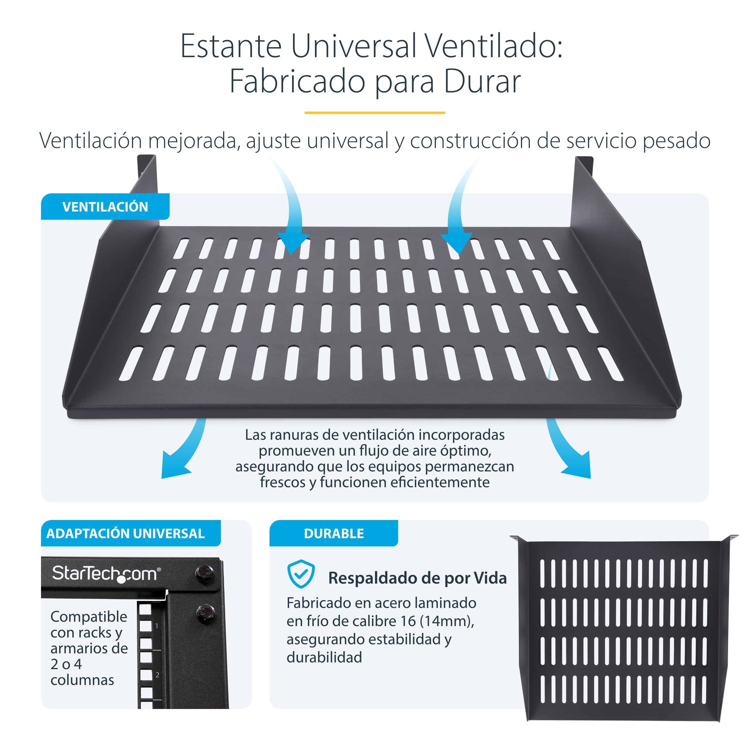 StarTech.com Estante 2U Ventilado Voladizo para Rack - Bandeja para Rack - Profundidad de Montaje 40,64cm - 20kg