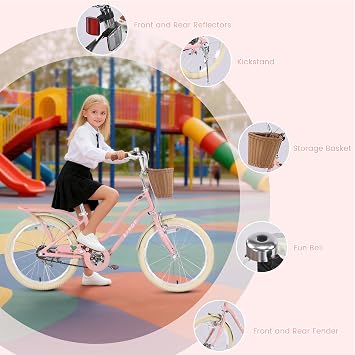 20/24 Inch Kids Bike for Girls Ages 8-14, Kids Bicycle with Basket & Kickstand, Youth Bike with Adjustable Seat, Front and Rear Brakes, Lightweight Girls Bicycle for Children