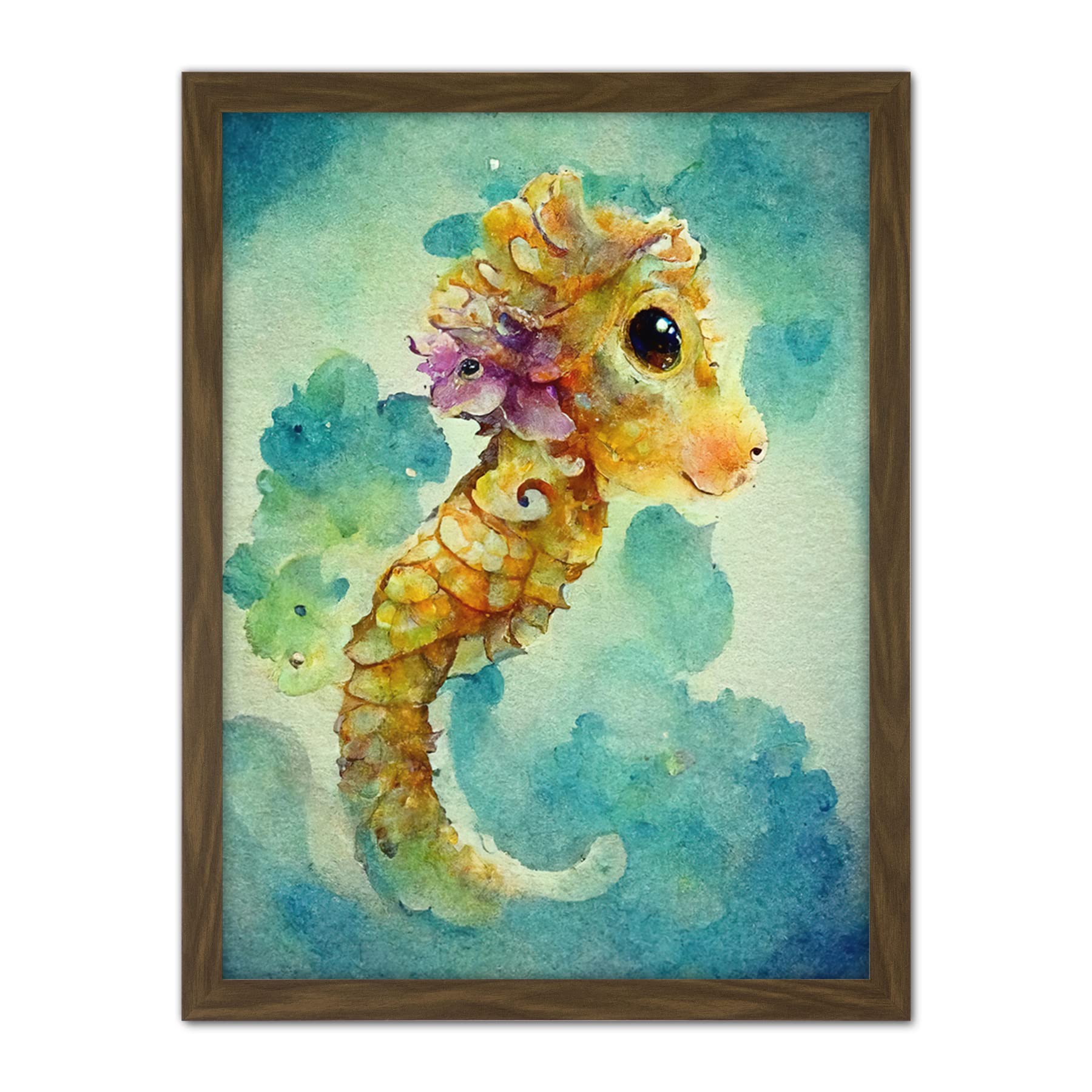 Doppelganger33 LTD Cute Baby Seahorse Kids Bedroom Watercolour Illustration Artwork Framed Wall Art Print 18X24 Inch