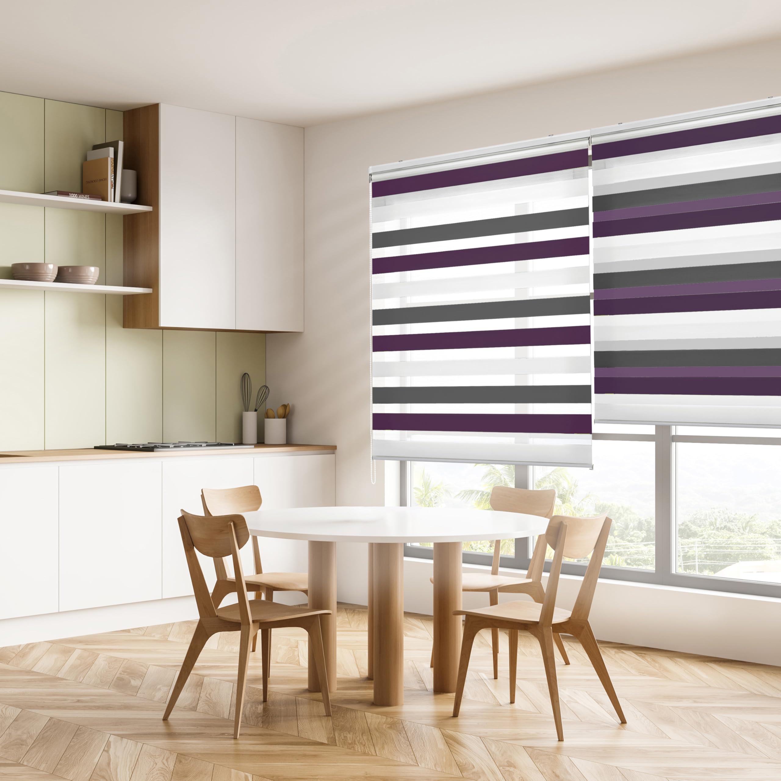 Blindecor Lira duo rollo tag und nacht , tricolor Braun, Violett, Weiß - 100 x 180 cm (Breite x Länge). Stoffgröße 97 x 175 cm. Doppelrollo für fenster