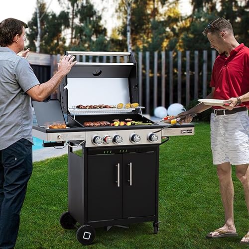 Miniatura 6 de Brand-Man - Parrilla de gas propano portátil, 4 quemadores, compacta estilo gabinete, parrilla de barbacoa de gas con quemador lateral infrarrojo y