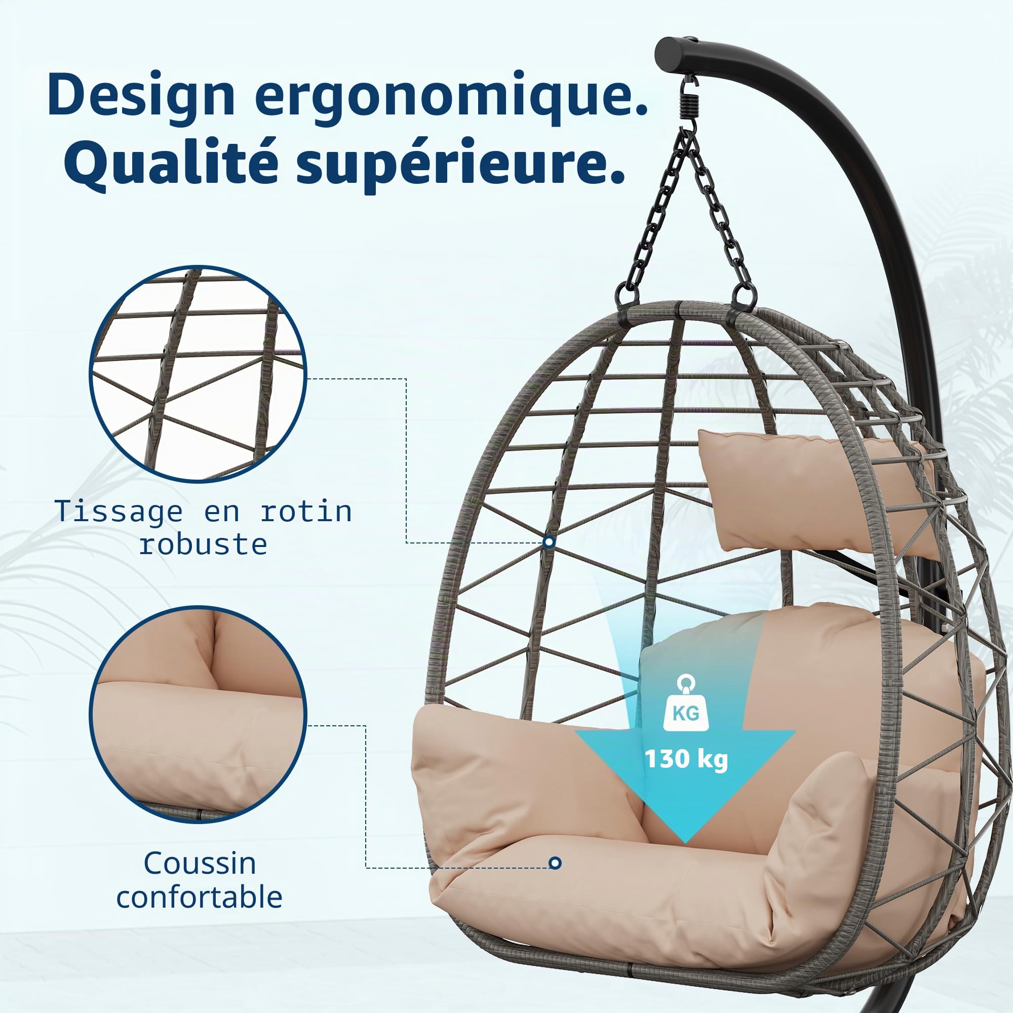 Fauteuil suspendu avec armature pour extérieur, résistant jusqu'à 150 kg, fauteuil en rotin avec armature métallique, idéal comme siège suspendu avec armature pour jardin, terrasse et balcon Beige