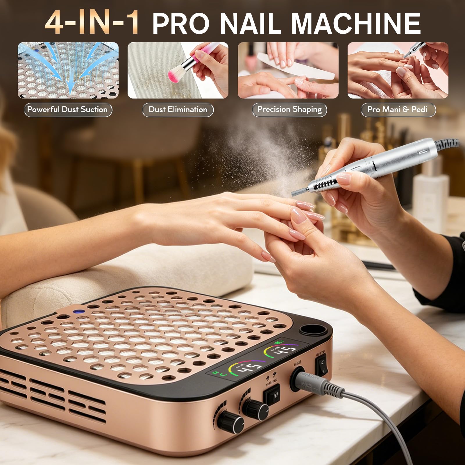 Aspirador de Uñas, Extractor de Polvo de Uñas Recargable, 45000PRM extracción de polvo inalámbrica para uñas, LED Collector de Polvo de Uñas con Filtro, Velocidad Ajustable,Ideal para Manicura(Pink)