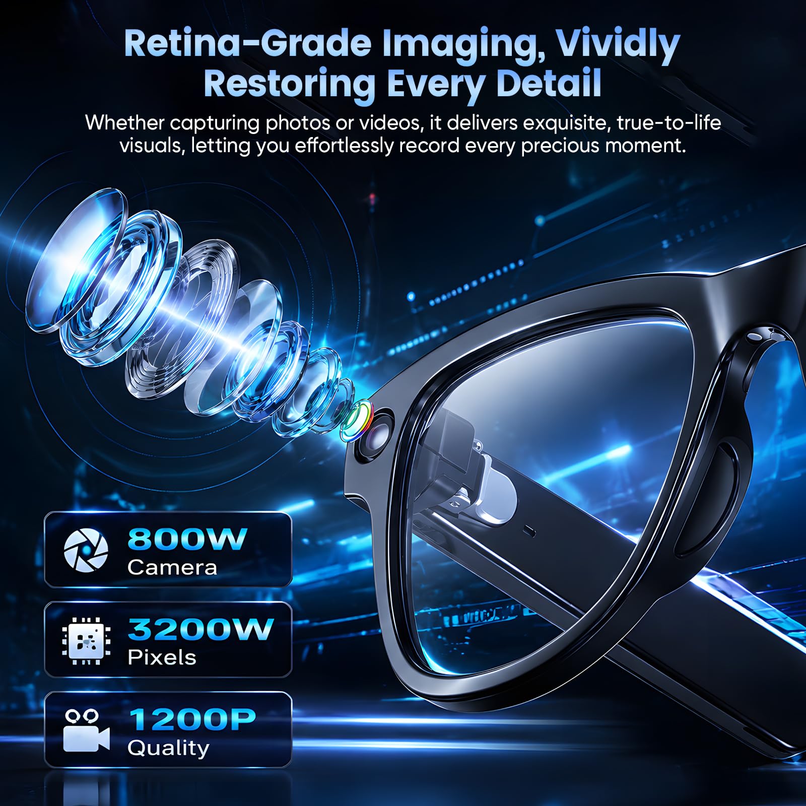AI Smart Glasses, gafas con cámara 1200P HD con sonido abierto y batería de 24 horas, gafas AI con control por voz y diseño antiescaldaduras para tomar fotos, videoconferencias, disfrutar de la música