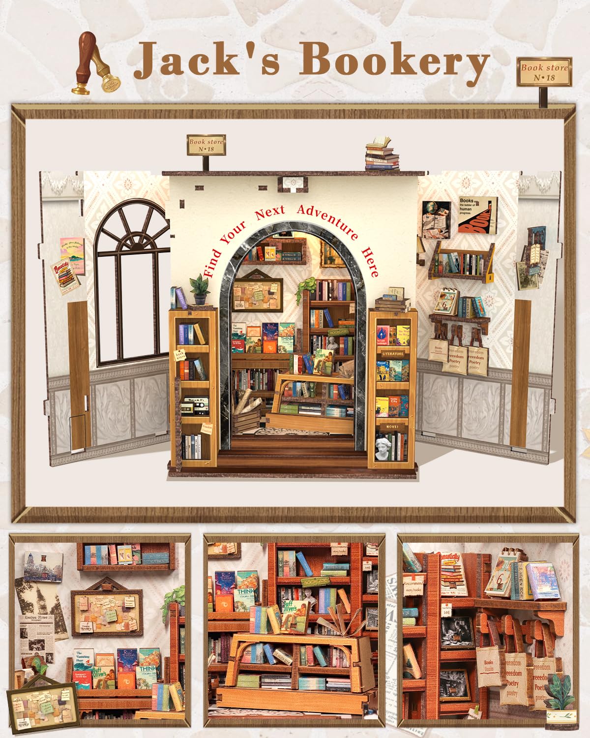 CUTEBEE Book Nook Kit Per Adulti - DIY Casa delle Bambole in Miniatura Con Luce LED, Stile Casa Miniatura in Legno Elegante ed Ornato da Costruire da Te, Regali(Jack's Bookery)