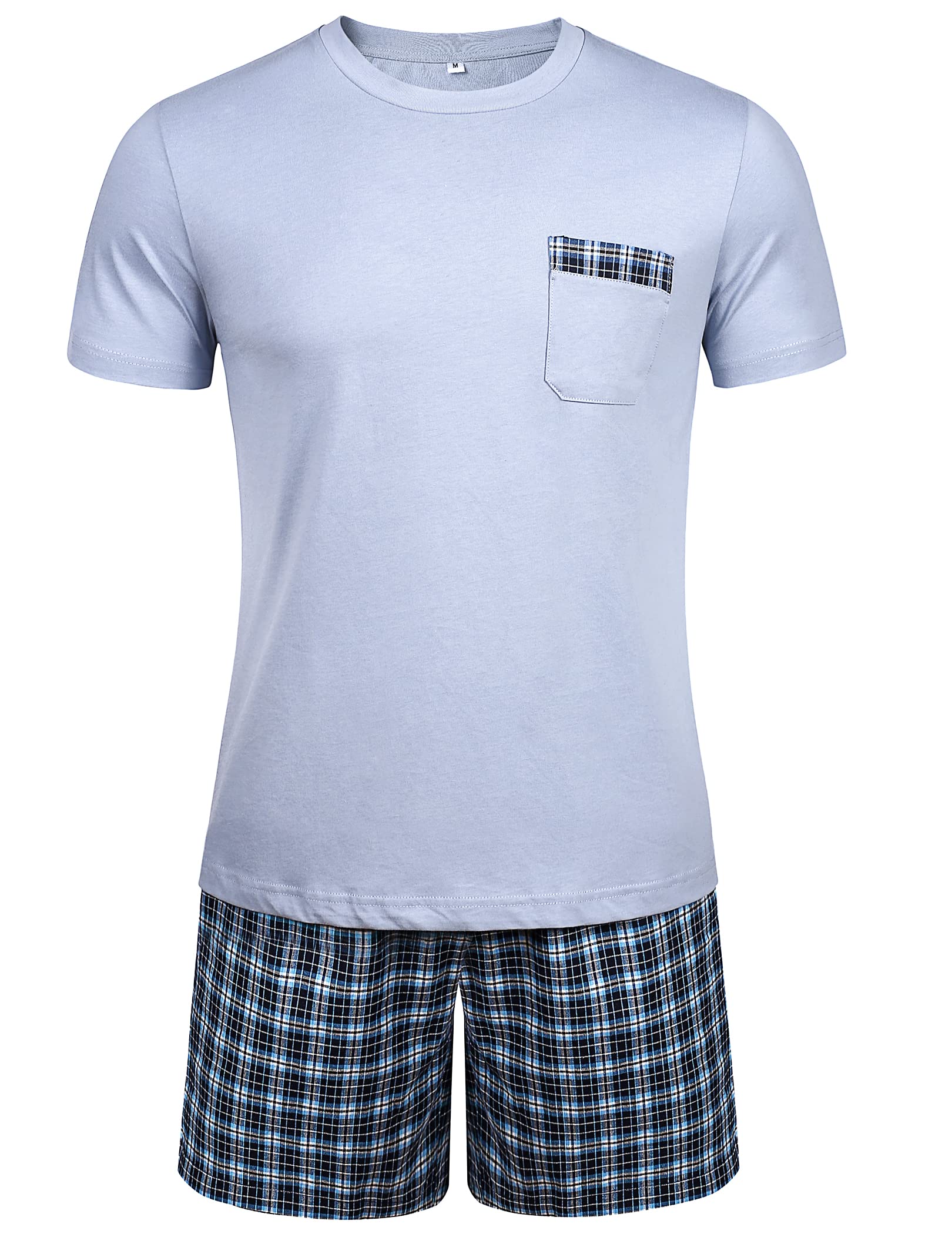 Winovia Schlafanzug Herren Kurz Pyjama Set aus Baumwolle Kurzarm Nachtwäsche mit Karierter Hose und Brusttasche Sommer Hausanzug Männer Geschenk