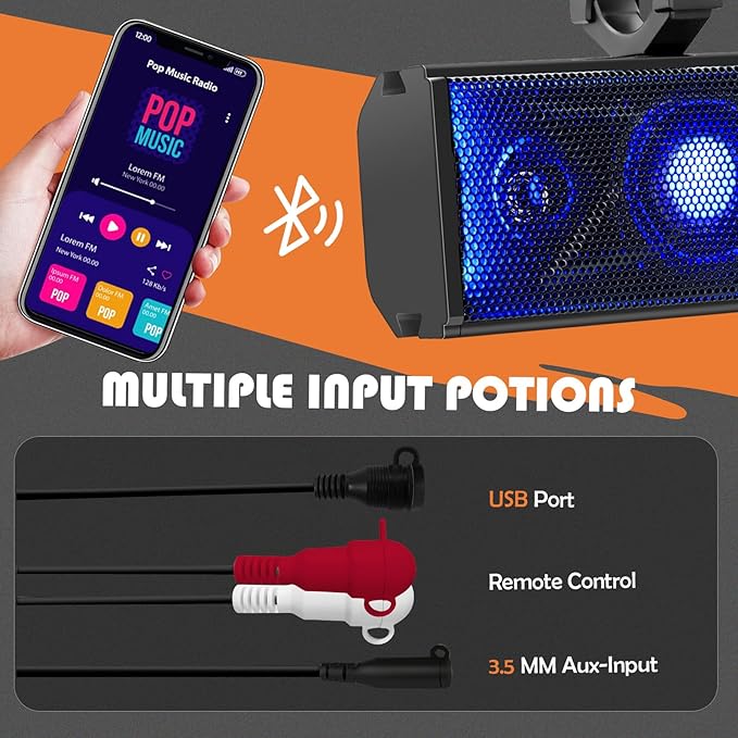 Barra de Sonido UTV Bluetooth Impermeable con Luces LED para ATV, Golf Cart, Bote miniatura 5