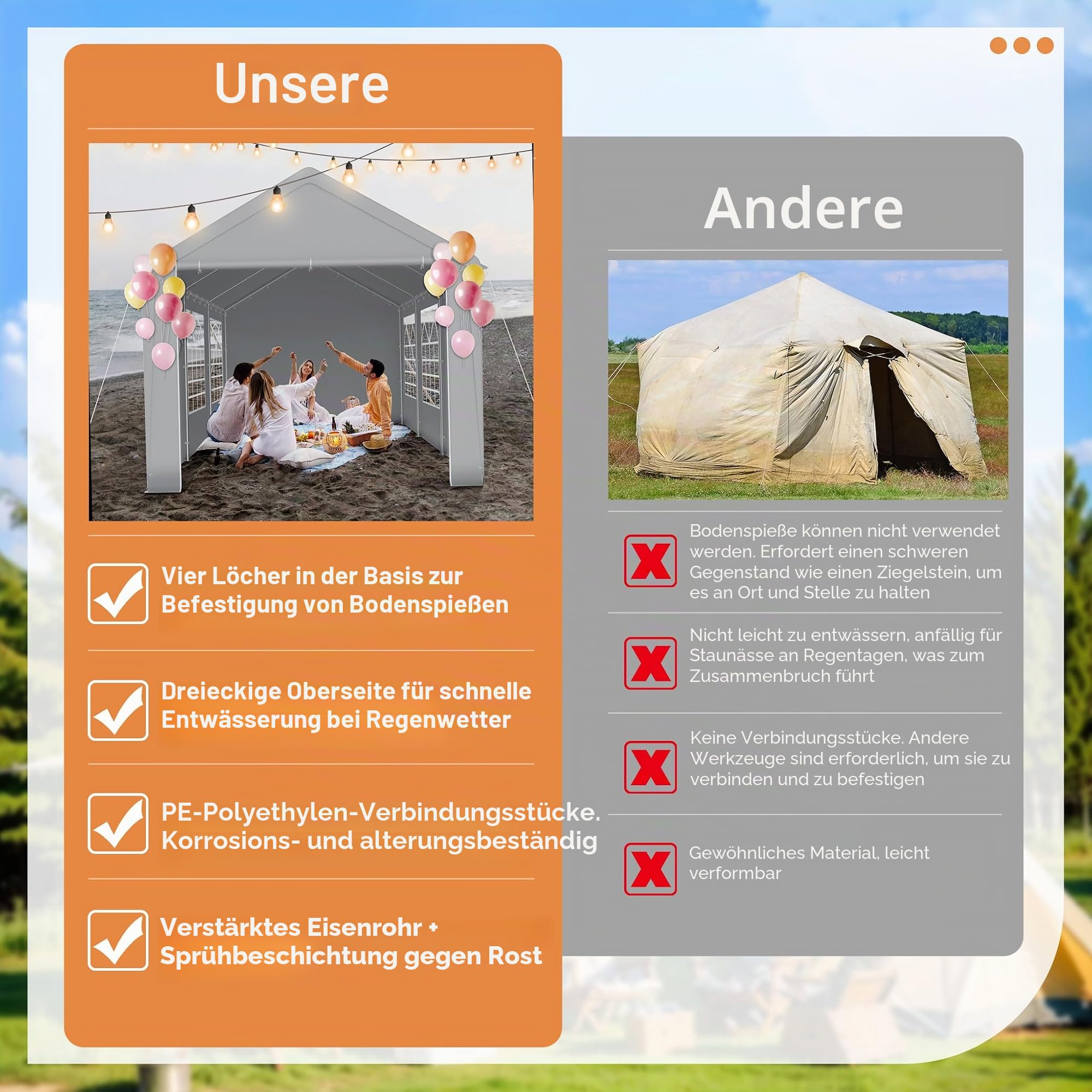 SUBTLETY Pavillon 3x6 Wasserdicht Stabil Winterfest Gartenzelt mit 4 Seitenwänden Vollverzinkte Stahlrohre Gartenpavillon Partyzelt für Private Feiern, Gartenfeste, Märkte & Events (Grau)