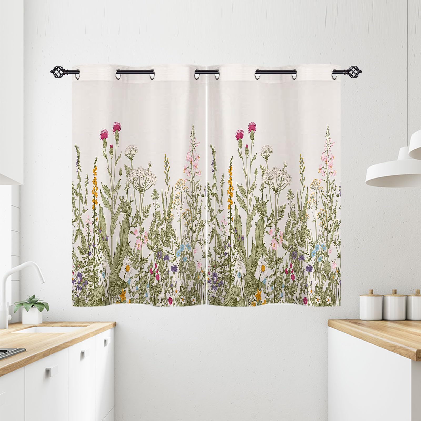 ANHOPE Floral Curtains Eyelet 80% Blackout Room Darkening Curtains with Wildflower Rustic Flower Herb Print Pattern Thermal Insulated Window Drapes for Bedroom Living Room 28 x 54 Inch Drop 2 Panels