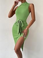 Vista 3 de REDESYN Sólido cuello alto acanalado punto hendidura dobladillo cinturón vestido