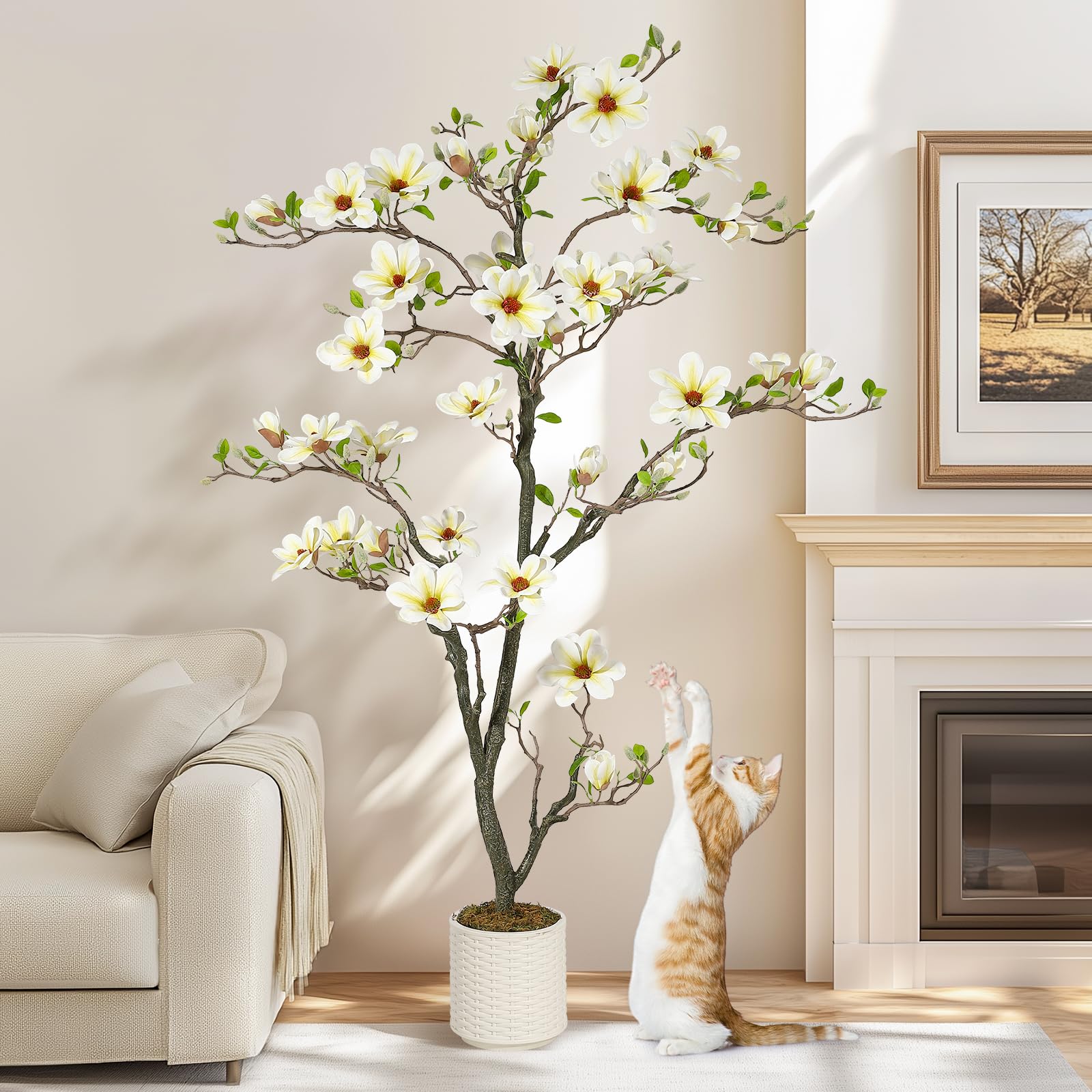 Garvee Künstliche Magnolia Pflanzen,180 cm Kunstpflanzen mit Weiß Topf Für Indoor, Patio Home Office Blumen Dekor, Groß Künstliche Baum Kunstbaum (Weiß Magnolia 6 ft/180cm)