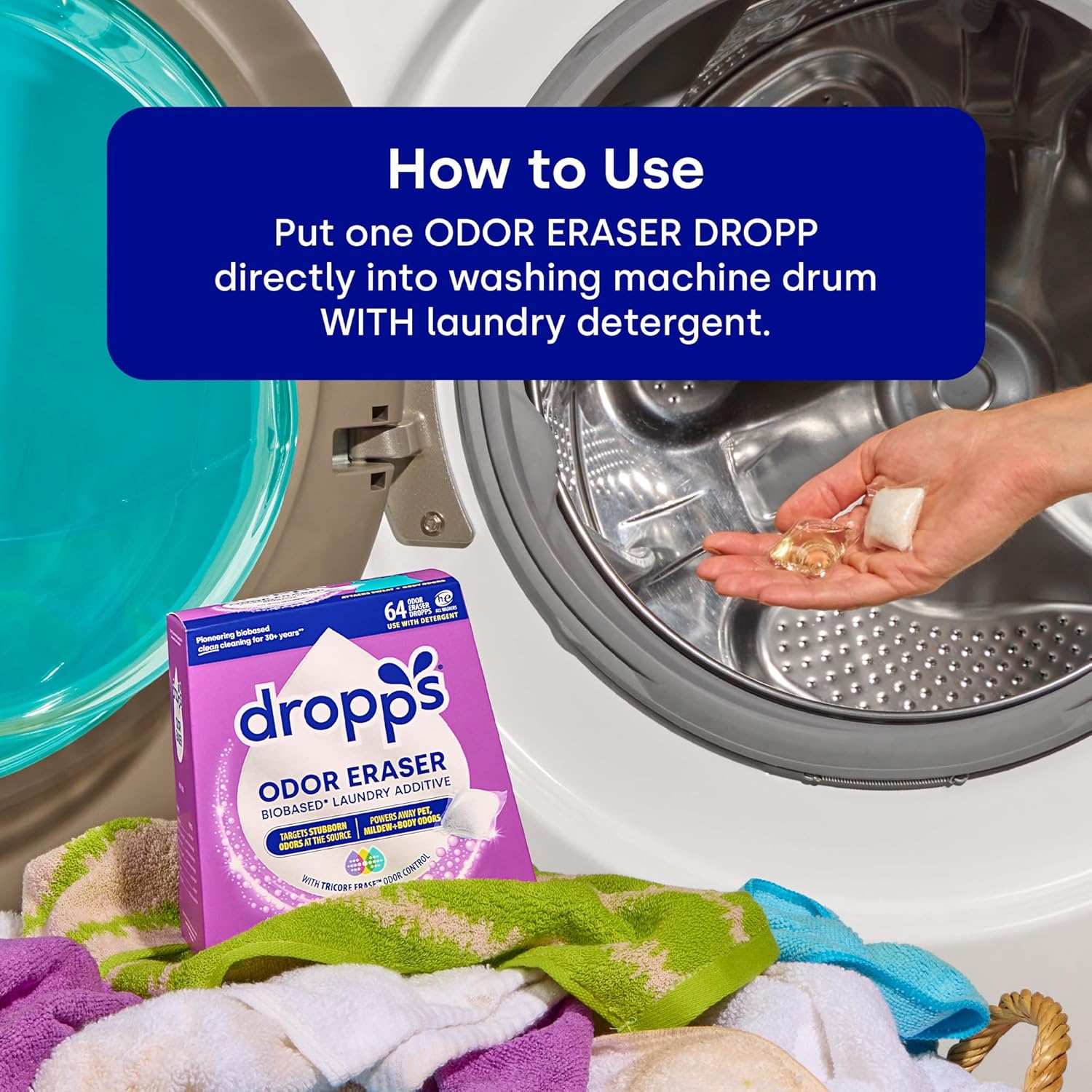 Dropps Odor Eraser Pods (64 Count) - Powered by TriCore Erase | Use With Detergent | Odor Remover | For Sweat, Musty Towels, Mildew, Pet & Body Odors | Clean Laundry Booster | Plastic-Free Packaging