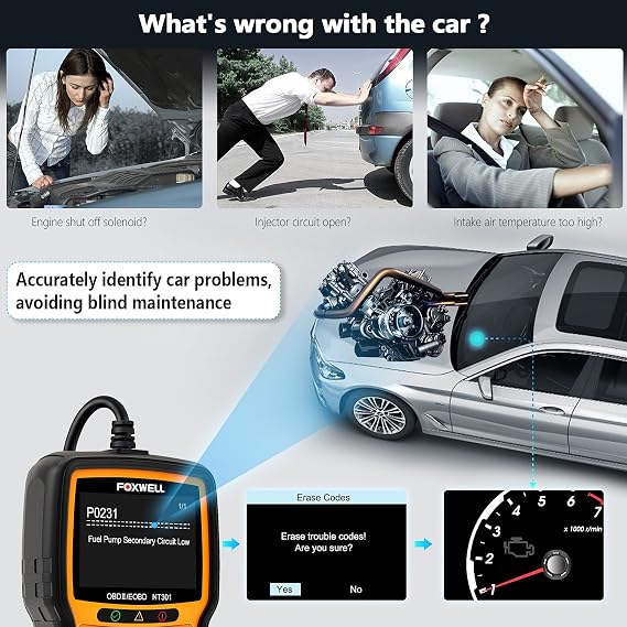 FOXWELL NT301 OBD2 Scanner Live Data with 12V 24V Car Battery Tester