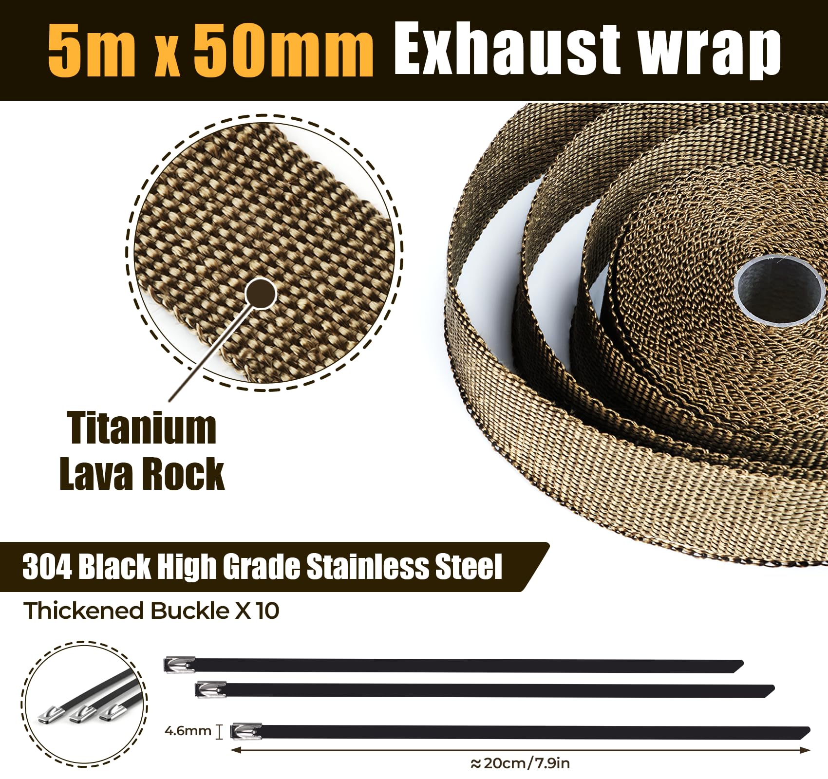 ilauke Taśma termiczna do wydechu 5 m x 50 mm, z 10 opaskami kablowymi ze stali nierdzewnej, brązowa taśma termiczna Fibre de Titane, odporna na wysoką temperaturę do 1200°C, do motocykli, samochodów