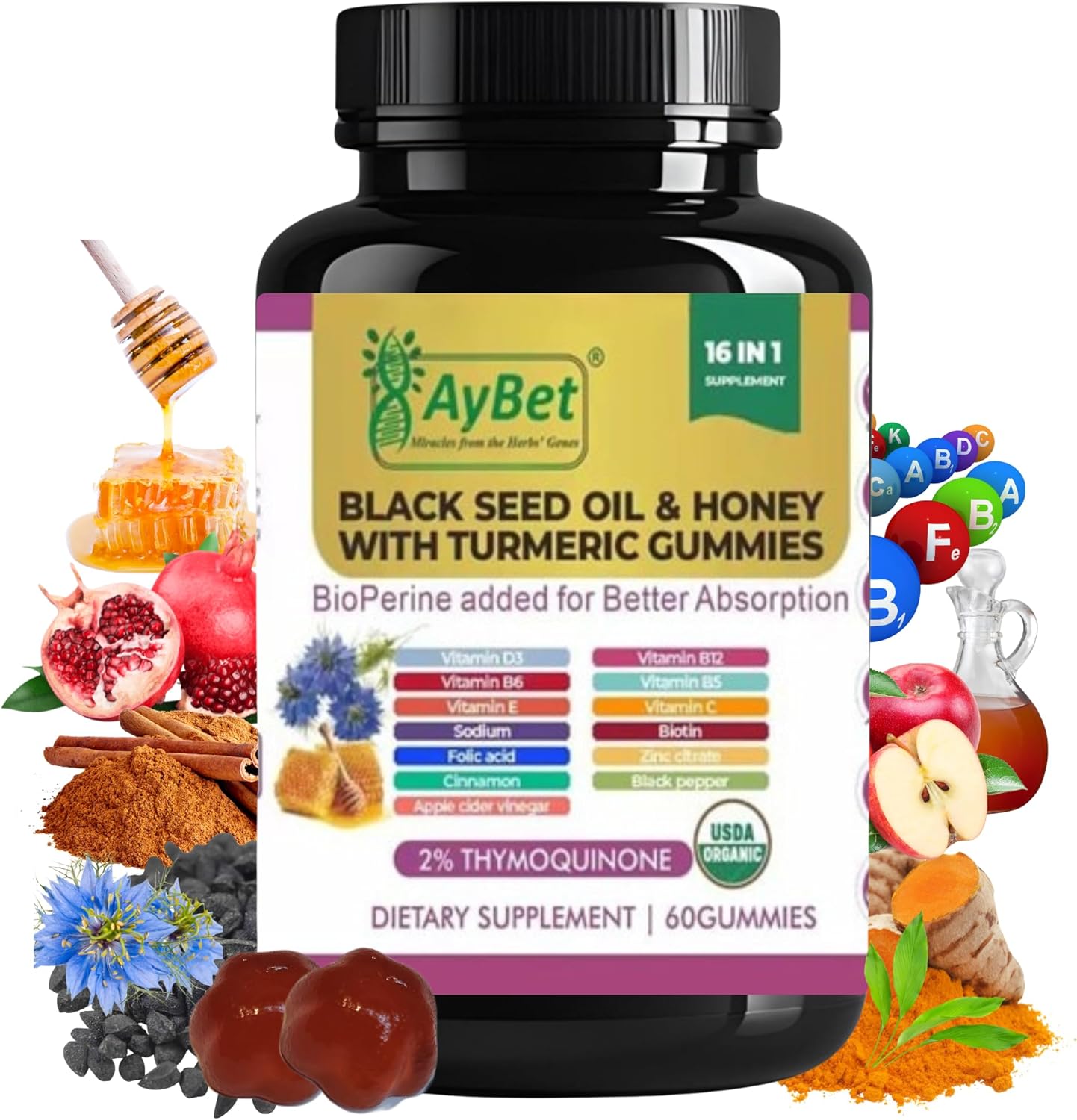 Black Seed Oil & Honey Gummies with Turmeric – 16-in-1 Supplement with Vitamins D3, B12, Biotin & Zinc –USDA Organic, Halal, Vegan, Non-GMO, 2% Thymoquinone, 60 Gummies