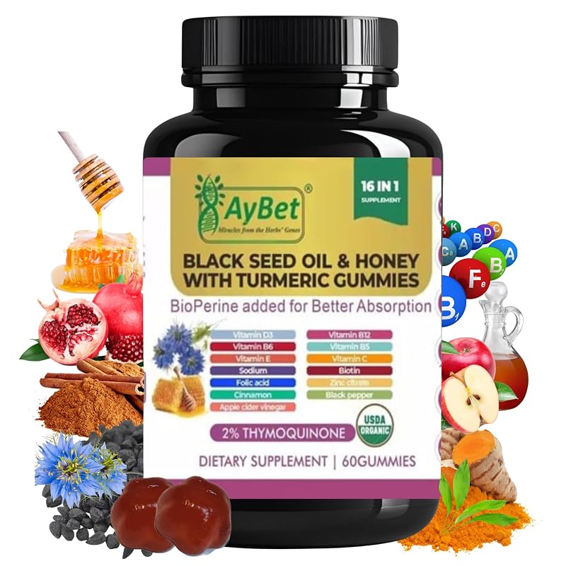 AyBet Suplemento em Gomas de Óleo de Nigela, Mel e Cúrcuma com Vitaminas D3, B12, Biotina e Zinco, 2% de Timoquinona, 60 gomas