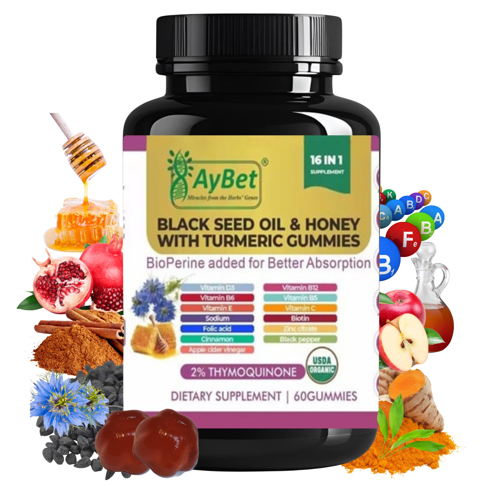 Black Seed Oil & Honey Gummies with Turmeric – 16-in-1 Supplement with Vitamins D3, B12, Biotin & Zinc –USDA Organic, Halal, Vegan, 2% Thymoquinone, 60 Gummies
