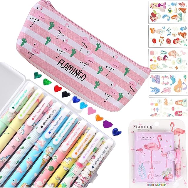 Cute Stationary Pencil Case Pens Set for Girls Kids Teens School Gift Present Supplies with 10 Colors Flamingo Gel Pens 1 Pencil Case for Student Back to School Birthday Gift Stationary Set